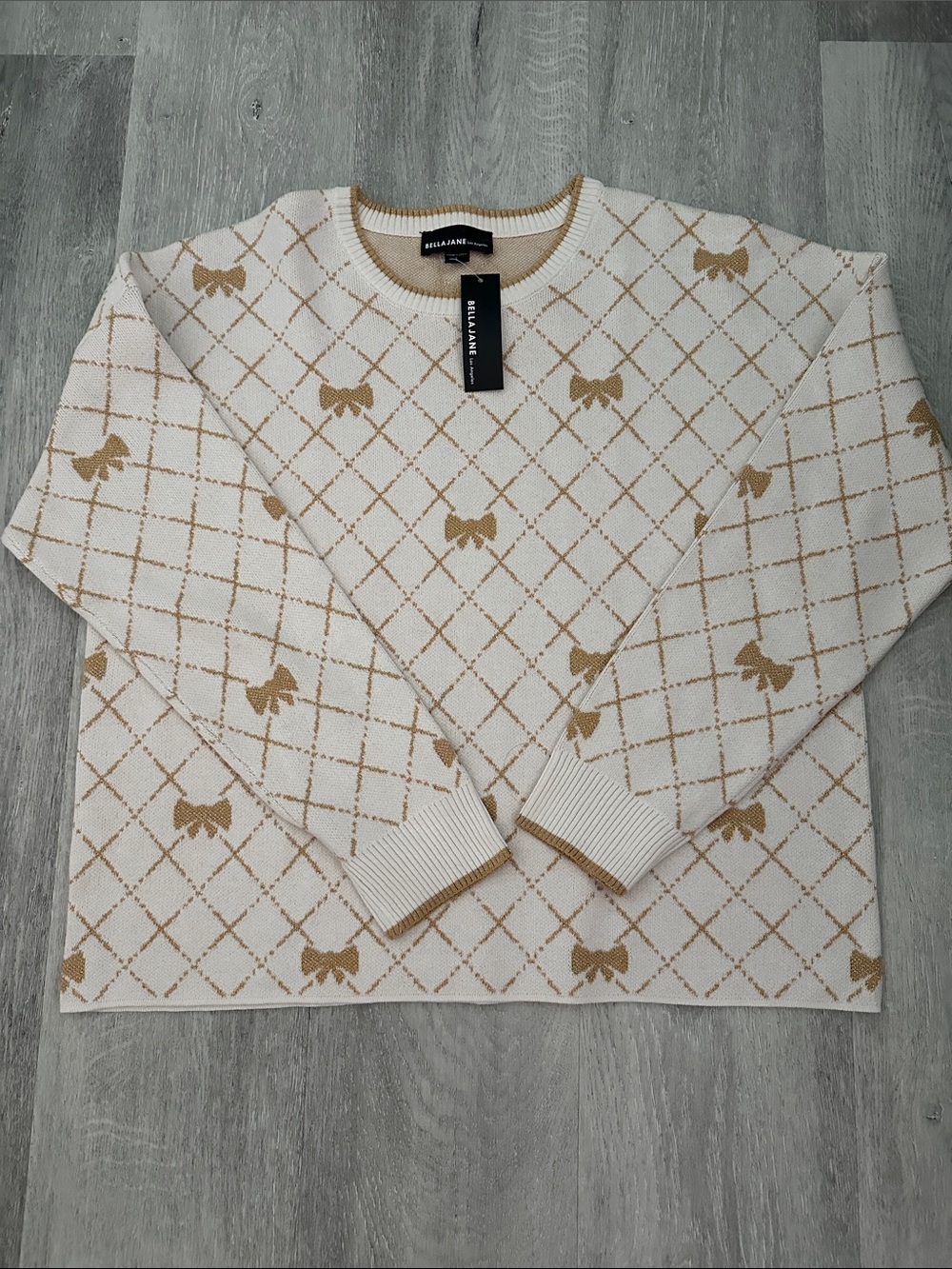Bella Jane Los Angeles Cream Gold Bow Sweater with Tan Bow & Argyle Detail NWT